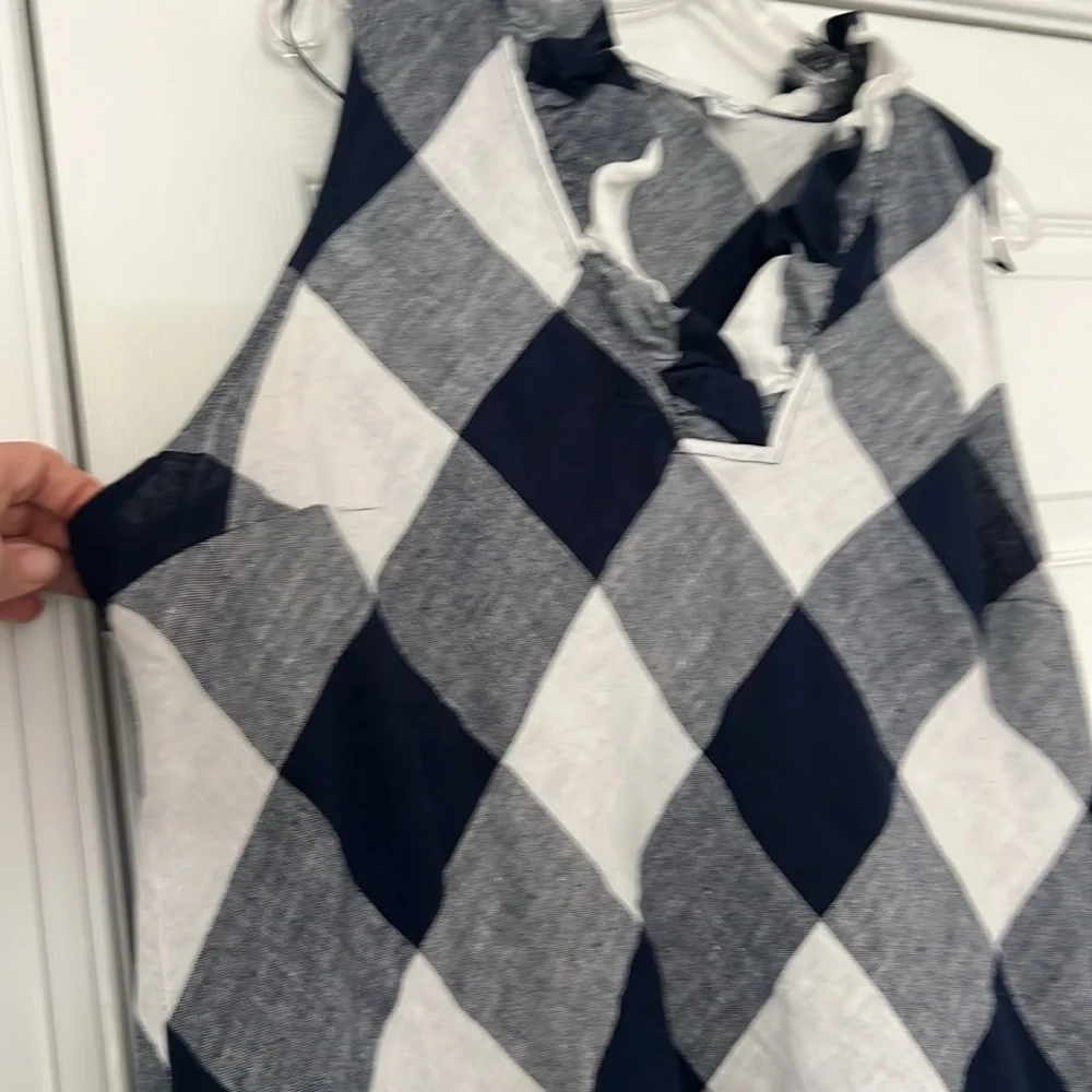 Crown and Ivy navy and white buffalo plaid ruffle neck linen dress - Picture 3 of 5